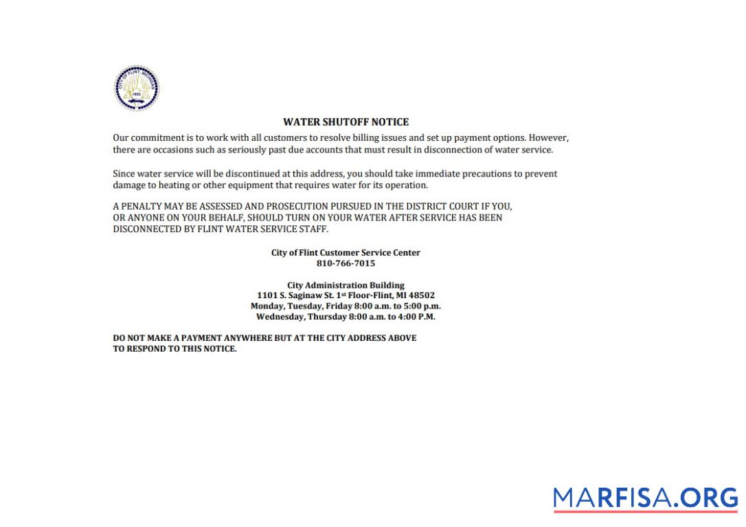 Realistic USA City of Flint Michigan water utility bill shutoff notice, Word and PDF template, version 3